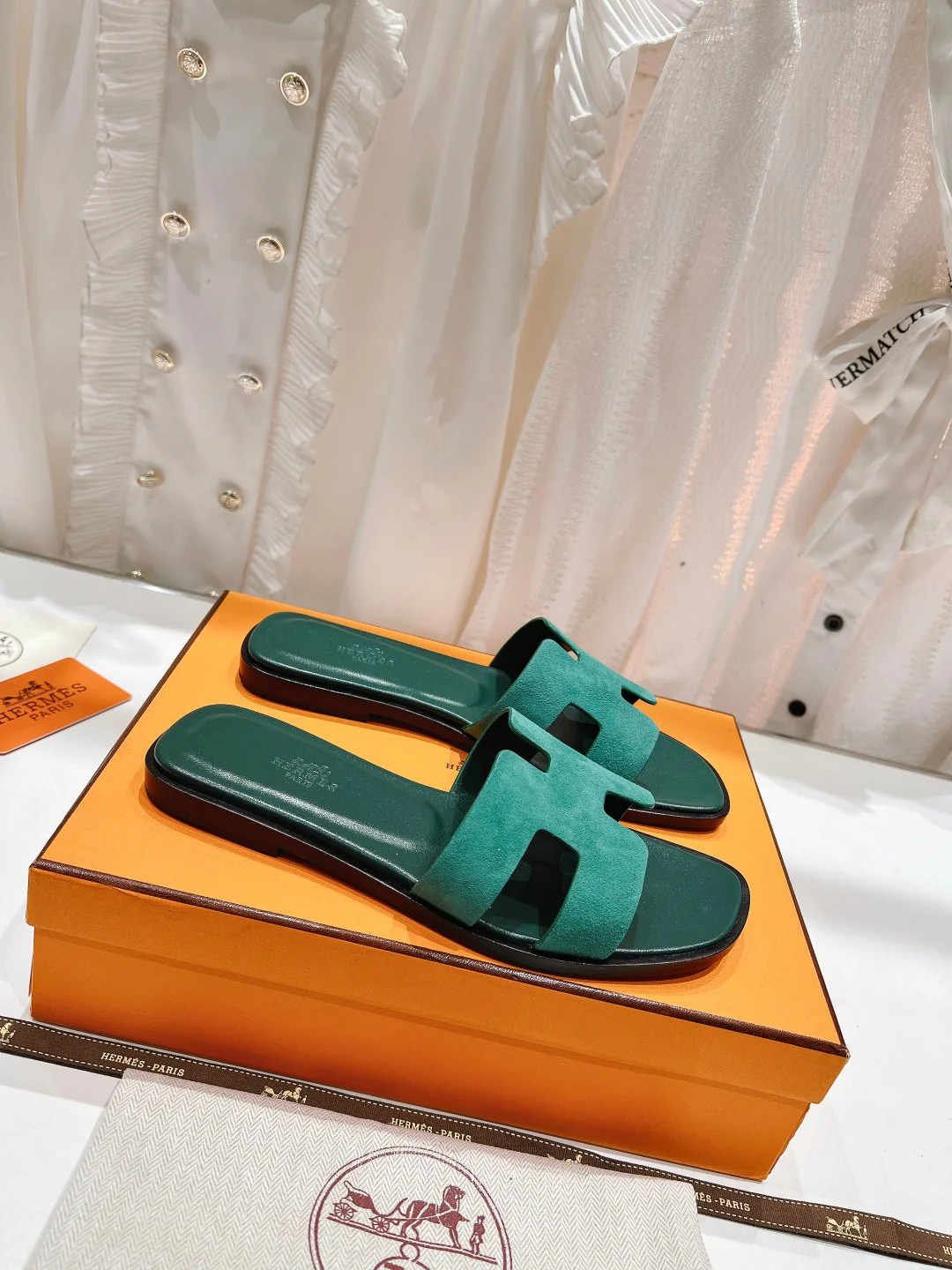 Hermes 2023 Новая модель - Улучшенная версия - Классические тапочки из овечьей кожи - Зеленые