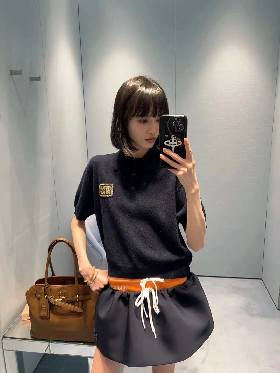 Вязаный свитер Miu Miu-2404 с логотипом Gold Thread Opolo и короткими рукавами