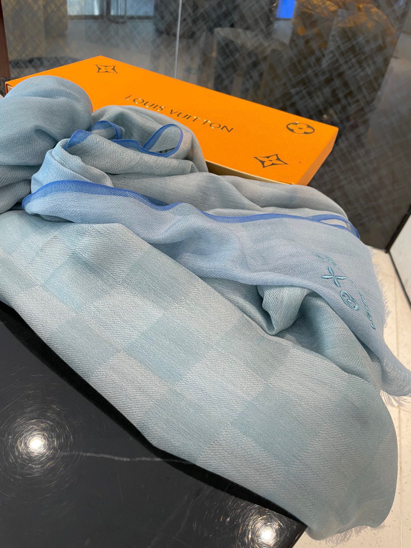 Классический клетчатый кашемировый шарф LV - 105 см - 180 см - синий