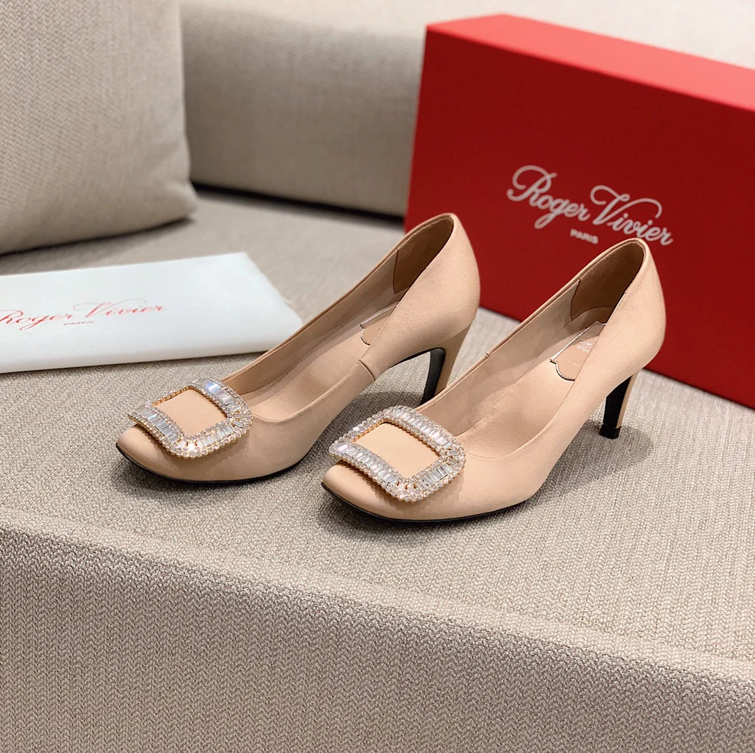 Каблук-банан RV-7-5 см - Шелковая пряжка со стразами - Розовый абрикосовый