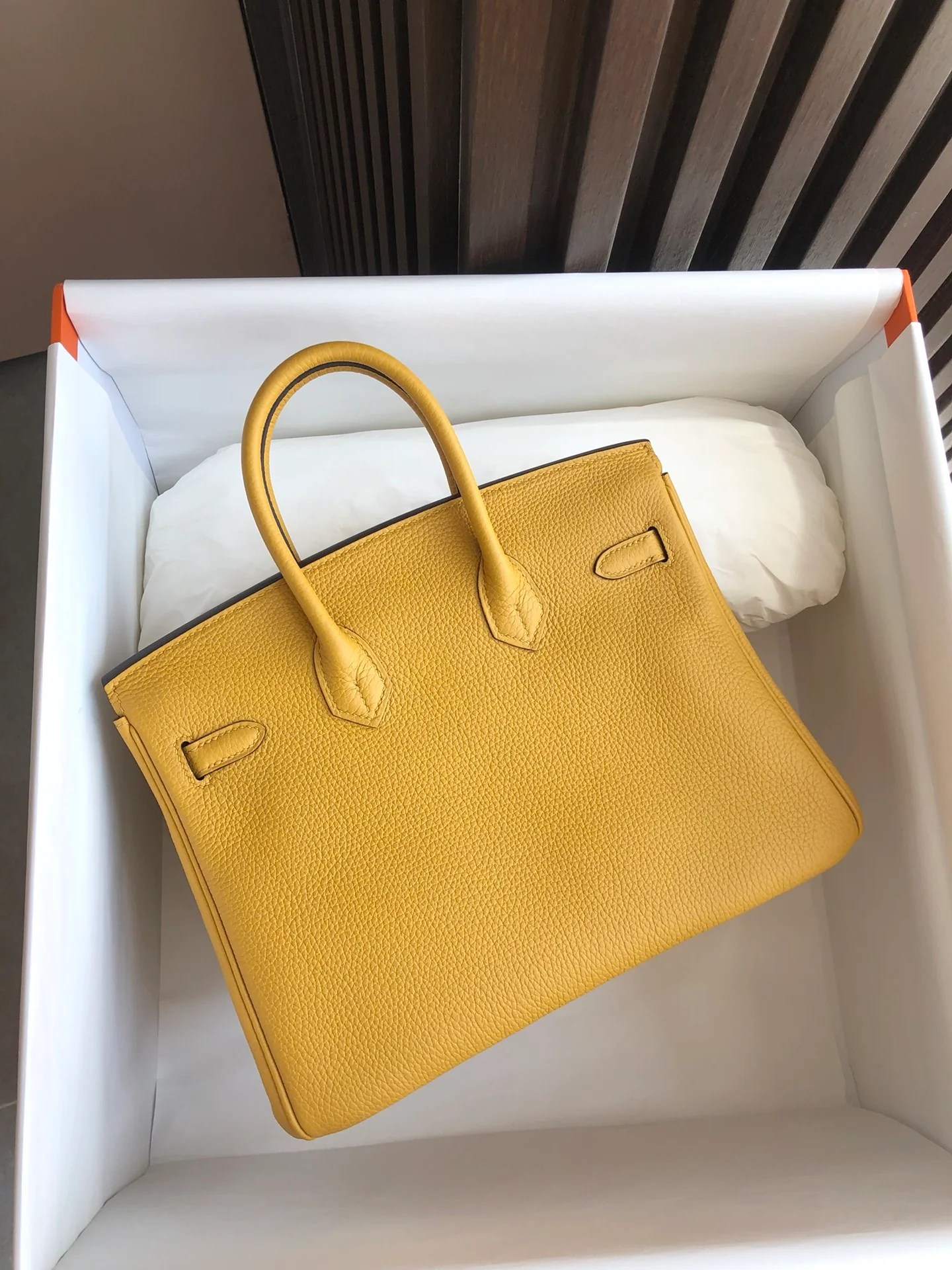 Hermes Kelly 25 Togo 9D Янтарно-желтая серебряная пряжка