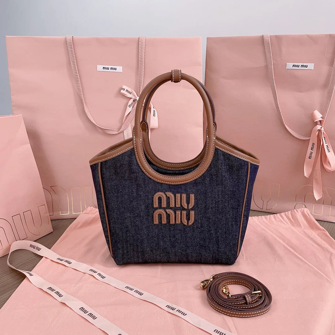 Сумка-тоут Miu Miu-5bg288-ivy-из джинсовой ткани и кожи, маленький размер.