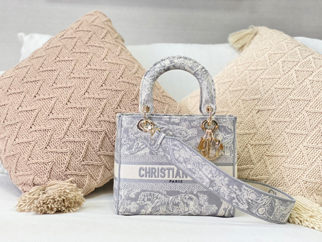 Сумка Dior Lady D Lite - вышивка на холсте - светло-серый тигровый узор