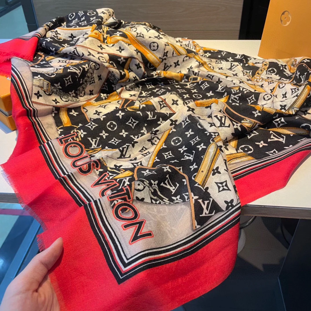 Шарф с монограммой LV, 110-200 см, 100% высококачественный кашемир, красный.