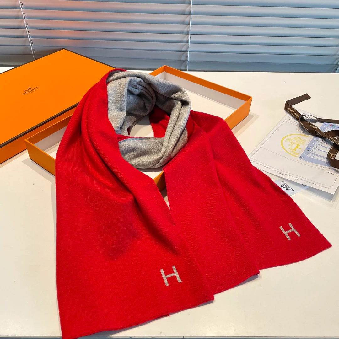 Вязаный кашемировый двусторонний шарф Hermes - 32 см - 180 см - красновато-серый