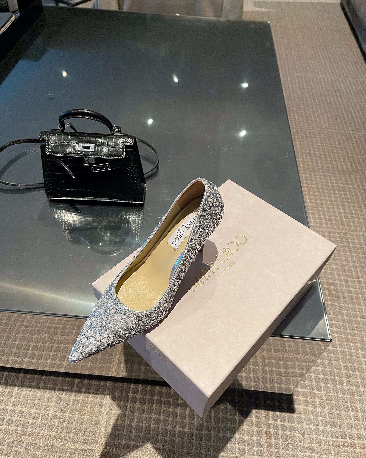 Туфли на высоком каблуке Jimmy с блестками и жемчугом - серебристые - 8 см