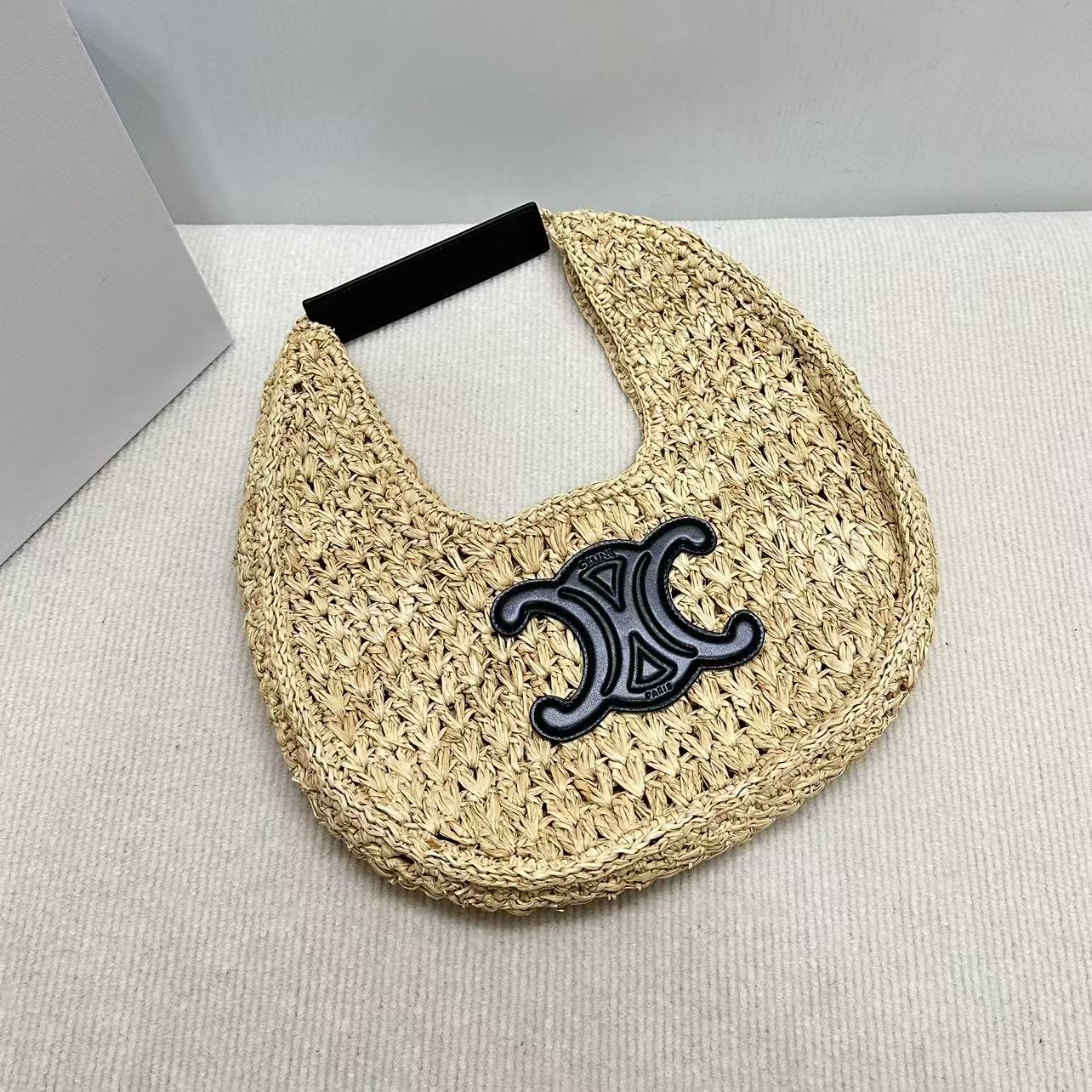 Соломенная сумка-хобо Celine, абрикосовый цвет