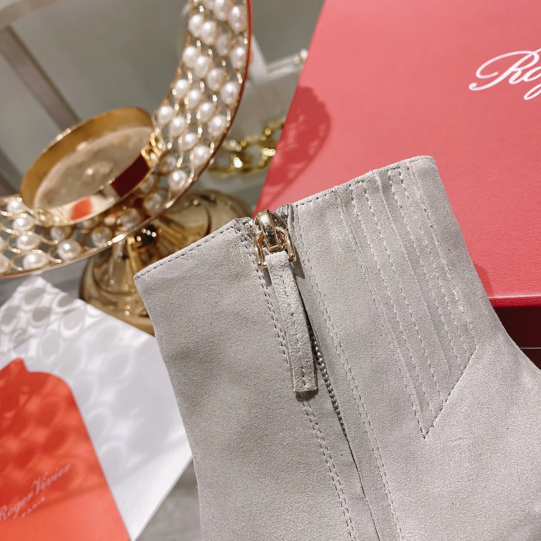 Обувь RV - Новинка осени 2022 - Металлические ботильоны с квадратным носком - Серая замша