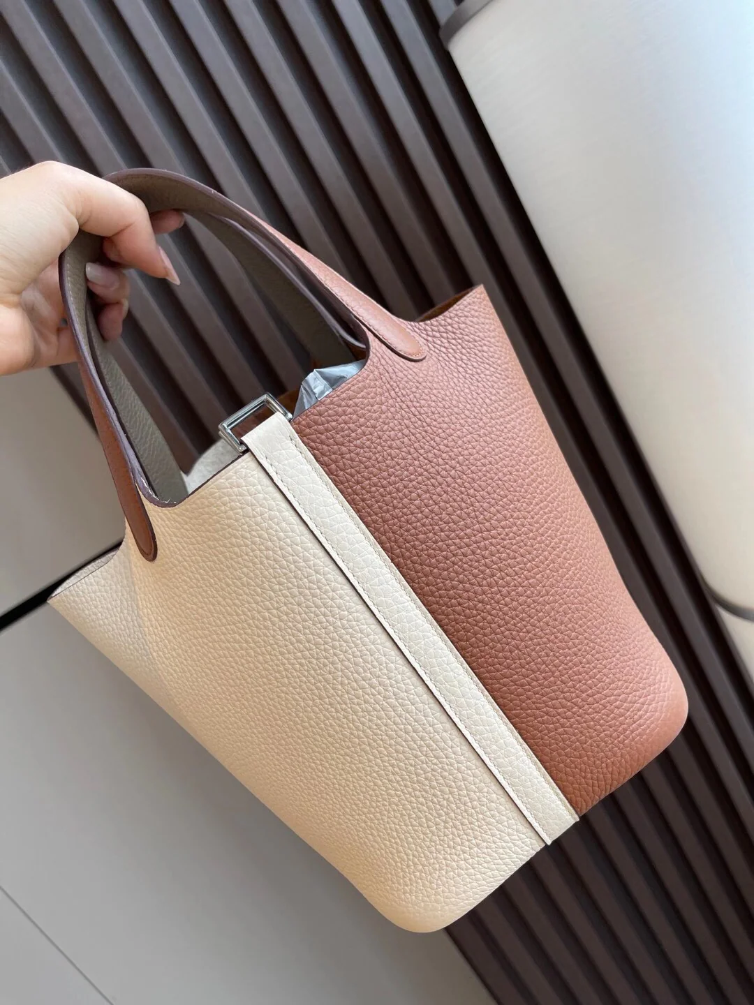 Hermes Picotin 18 - Золотисто-коричневый с отделкой Nata и слоново-серым - Серебряная пряжка