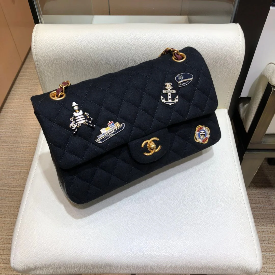 Chanel - Значок с морской тематикой - Сумка CF - Черная - 25 см