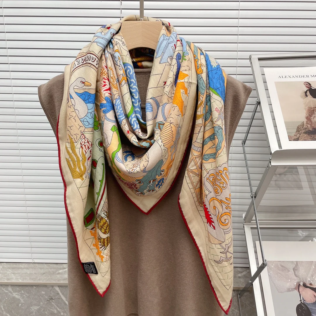 Большой двусторонний шарф Hermes - 136 см - 30 - Шелк 70 - Шерсть - 4