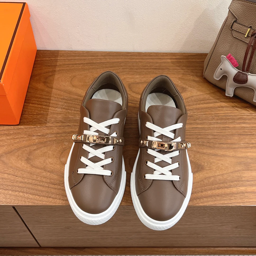 Hermes - Простые шнурки с пряжками - Низкие кеды - Кофейно-коричневый цвет