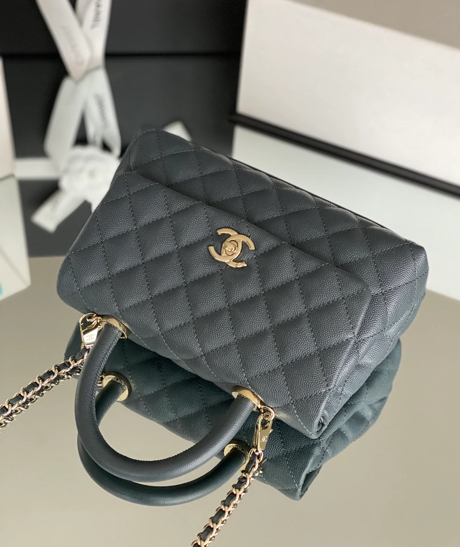 Chanel Coco Handle Small Grey Champagne with Gold Pull