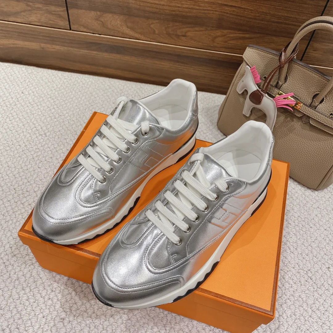 Новинка весны 2022 года от Hermes - Кожаные повседневные кроссовки - Унисекс - Серебристые