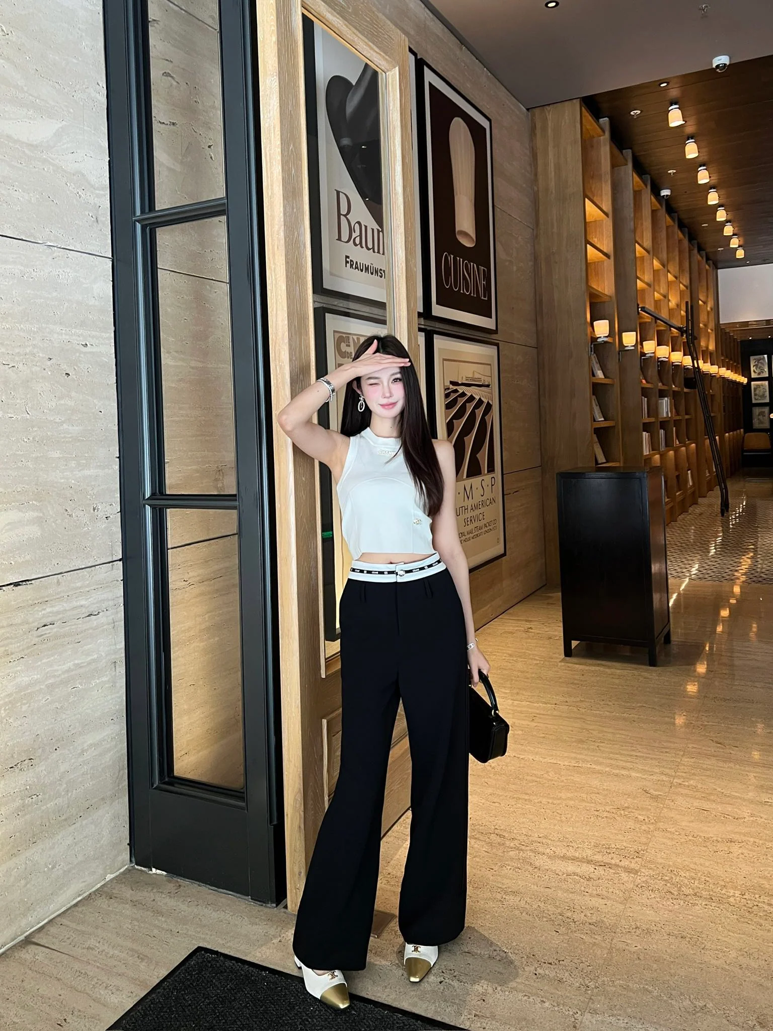 Брюки Celine 2404 с высокой талией и широкими штанинами, цветные блоки - черные.