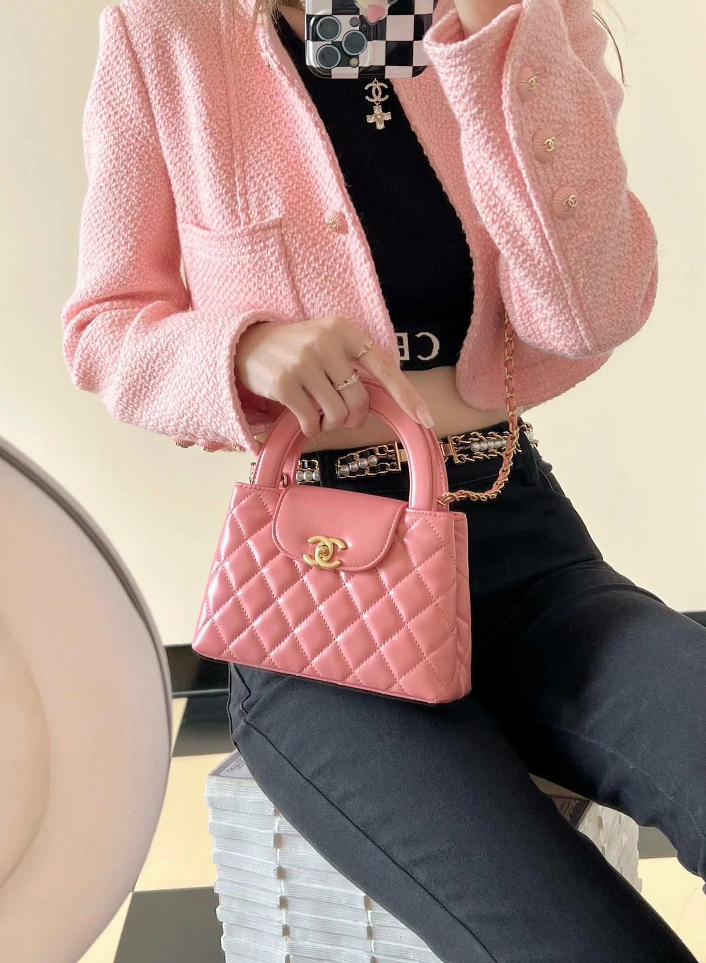 Сумочка Chanel Kelly Chain, большая, кораллово-розовая