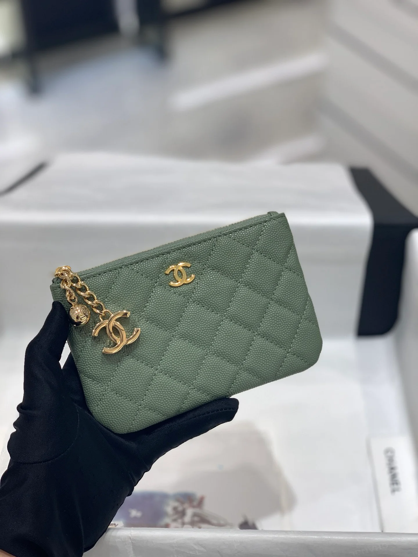 Chanel-经典双C 绿色拉链零钱包/钥匙包