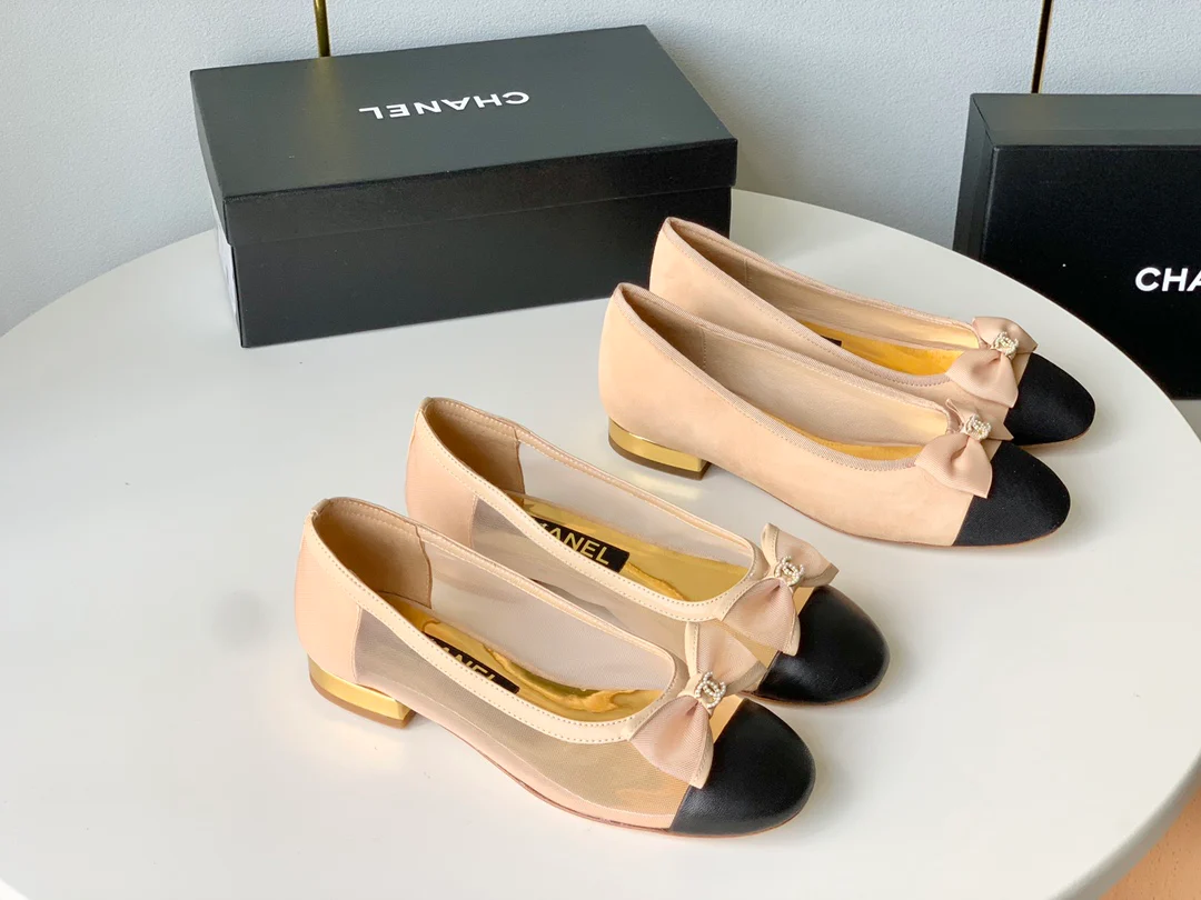 Балетки Chanel с сетчатым бантом - абрикосовый цвет