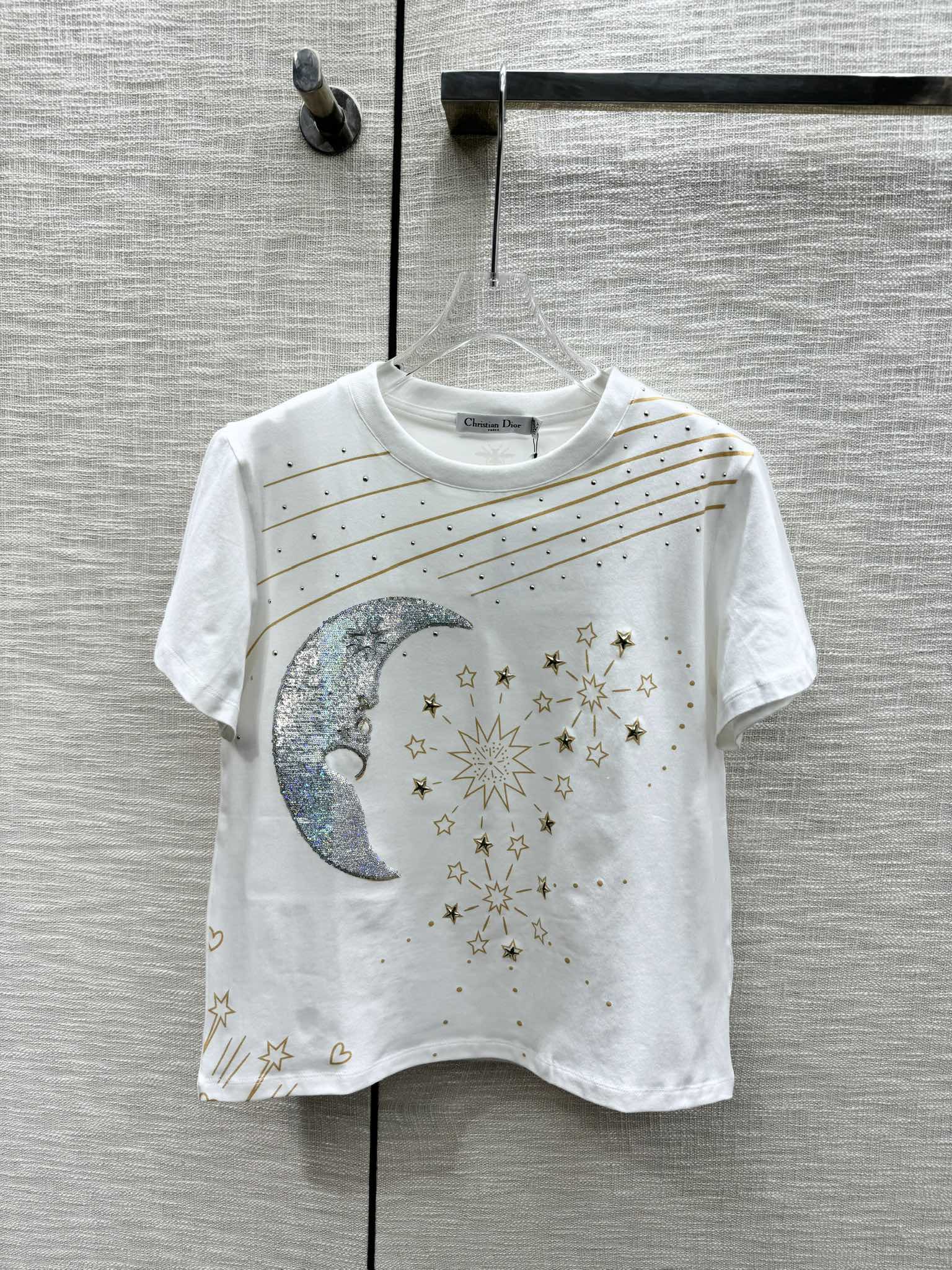 Dior - 2403 - 24 Весна/Лето Новейшая футболка с коротким рукавом и принтом из стразов - Белая