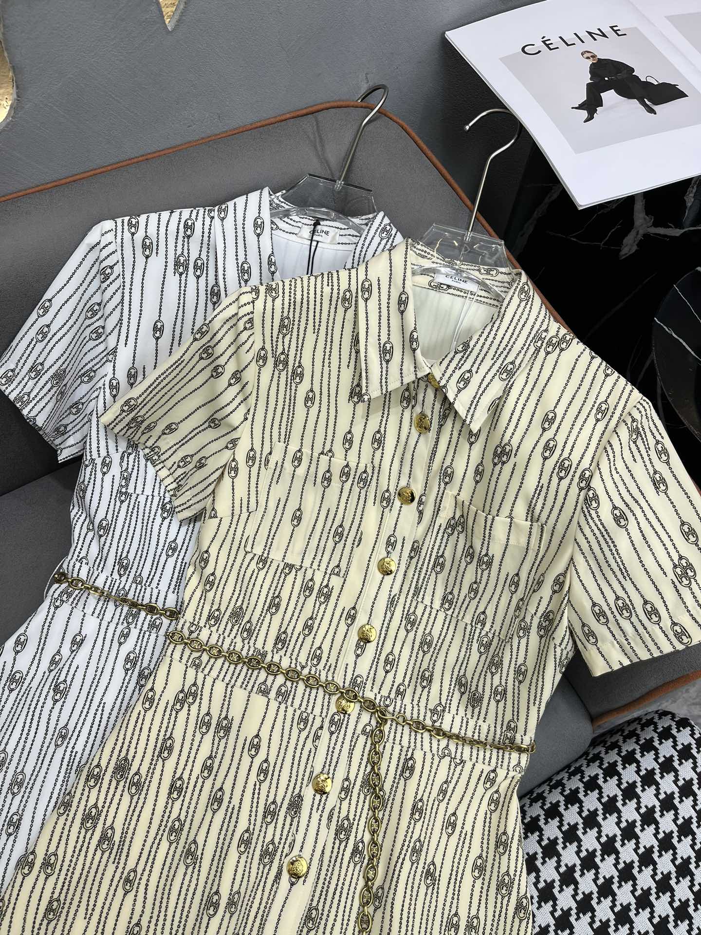 Celine 2403 - Новое платье с цепочным принтом в виде Триумфальной арки и отложным воротником - Белое