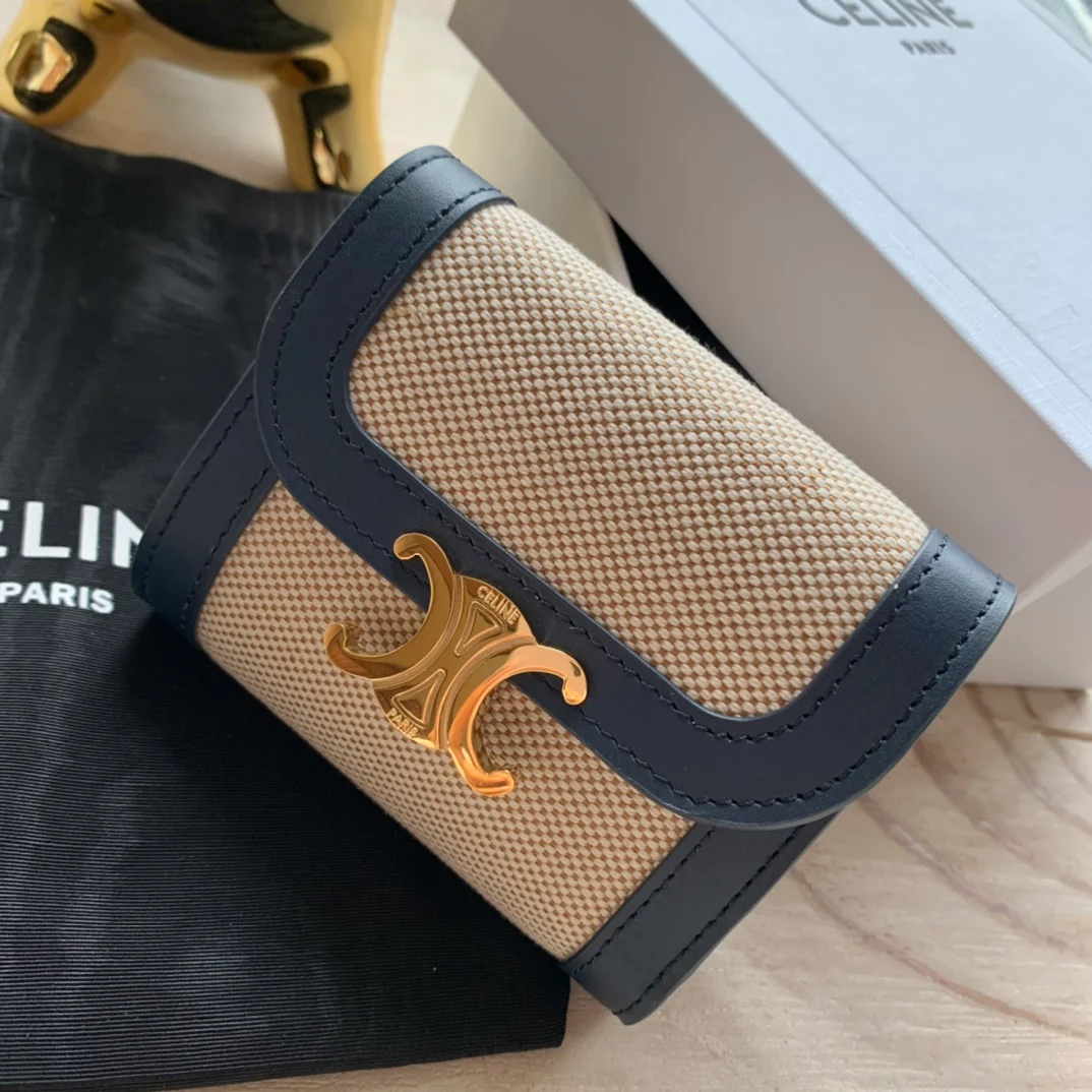 Celine 织物和牛皮革小号翻盖钱包