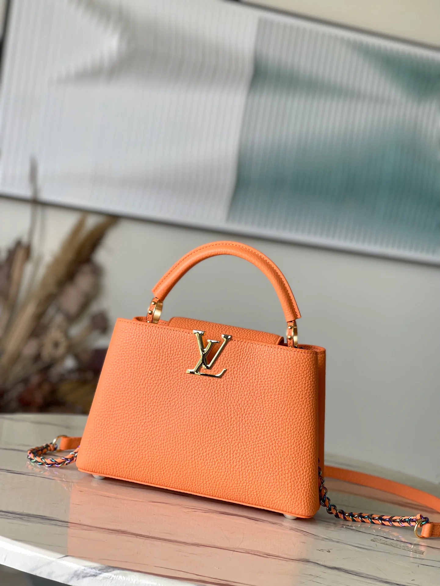 m22606-LV-Taurilon Leather-Capucines Handbag-Orange Mottled Gold Buckle-Small Size