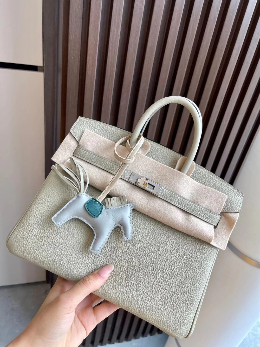 Сумка Hermes Birkin 25 Togo 1q, цвет шалфейно-зеленый, с серебряной пряжкой.