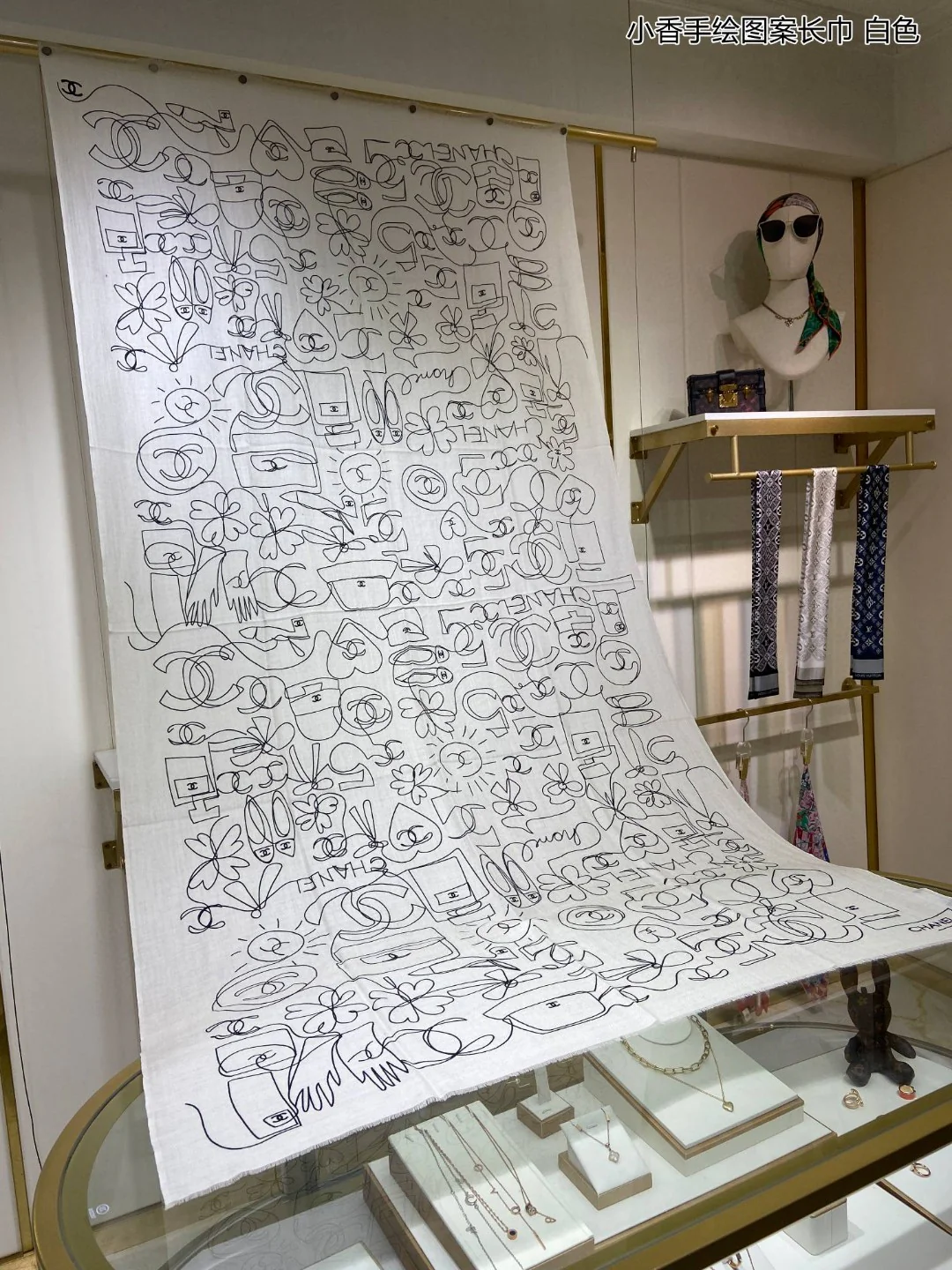 Длинный шарф Chanel с ручной росписью - 110-200 см - 100% кашемир - белый