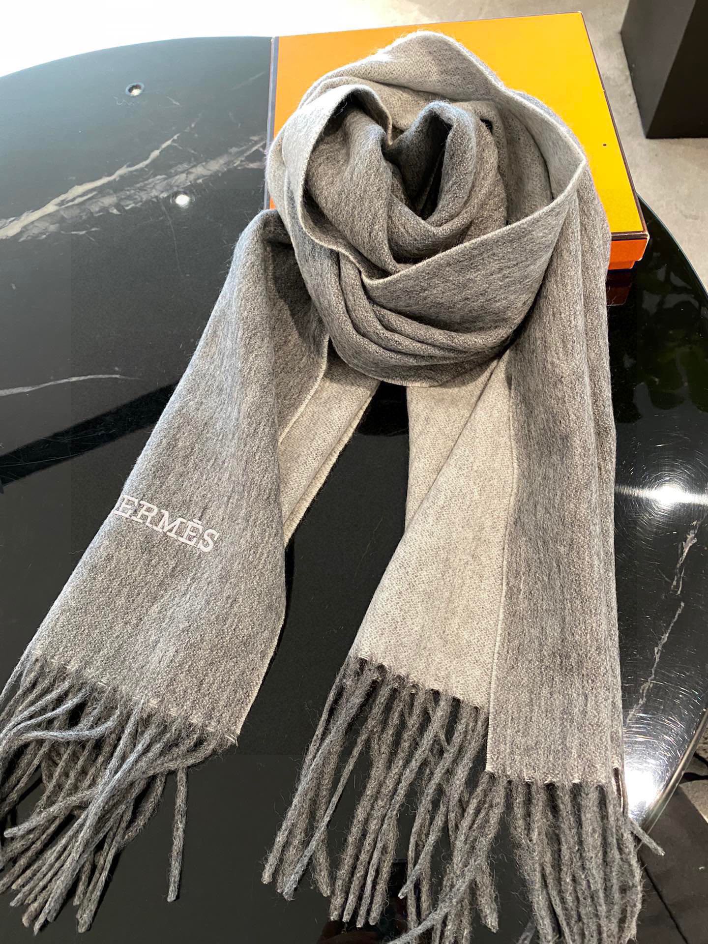 Двусторонняя кашемировая шаль/шарф Hermes - 210 см - серый