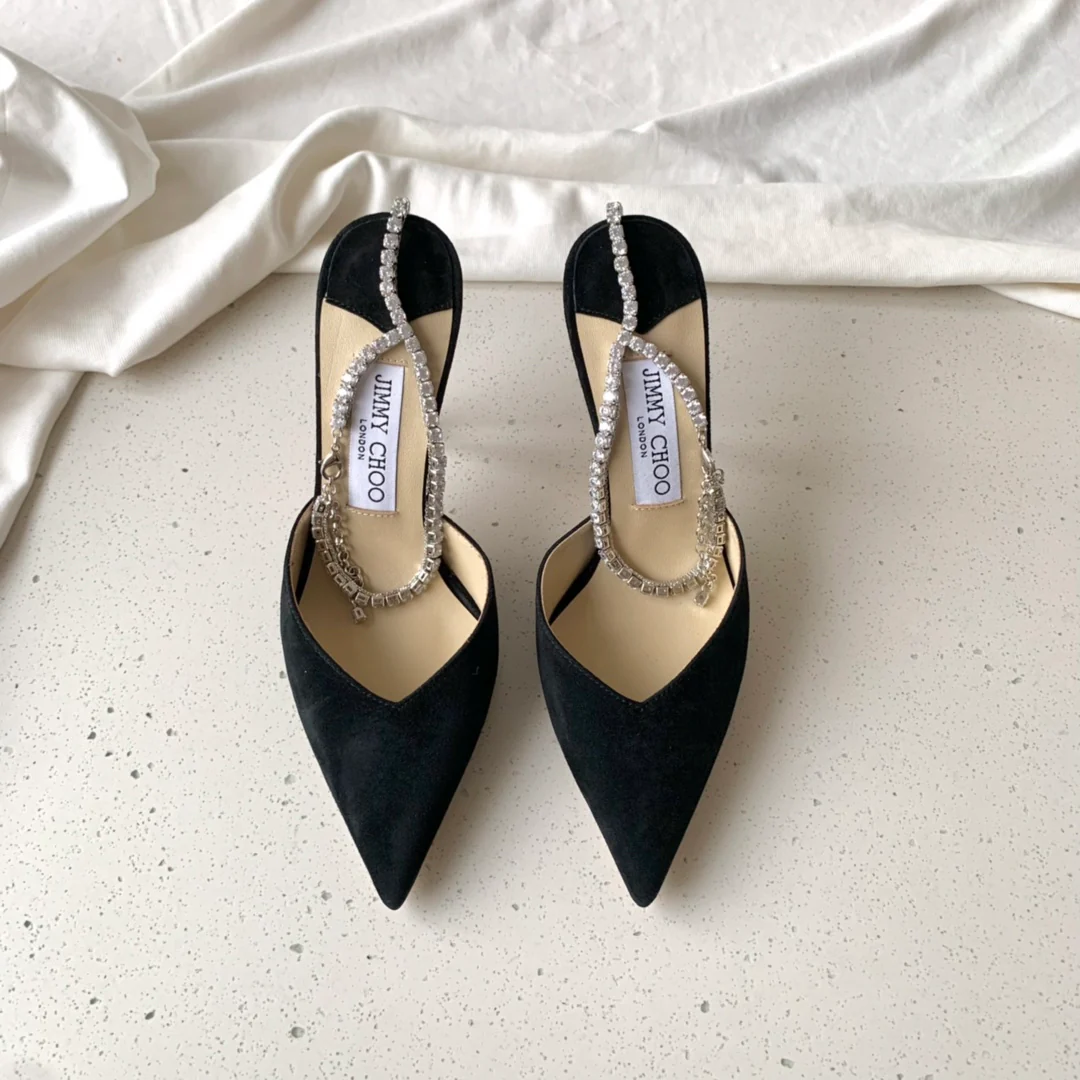 Босоножки на высоком каблуке Jimmy с цепочкой на щиколотке и стразами - Тканевые - Черные