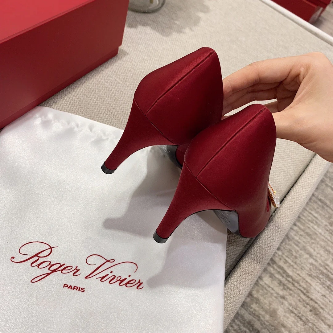 Туфли на банановом каблуке RV-7-5 см - Шелковая пряжка со стразами - Красные