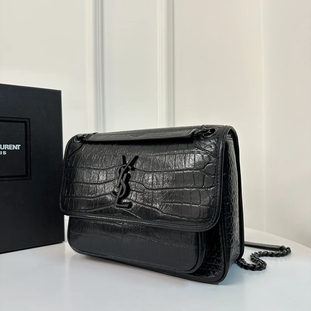 YSL Niki Baby 28 см, черная цепочка с крокодиловым принтом
