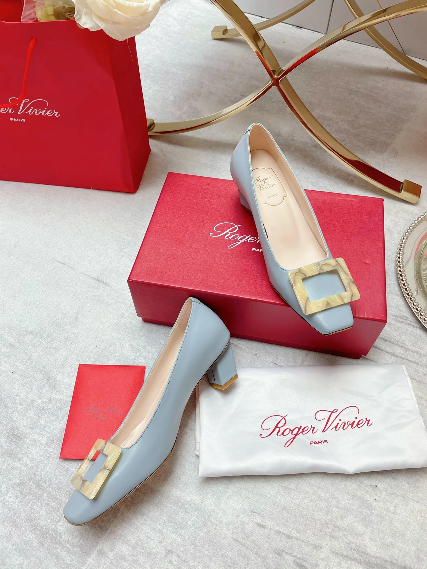 Туфли RV - замшевые, черепахового цвета, с пряжкой, на высоком каблуке - 4-5 см - светло-голубые