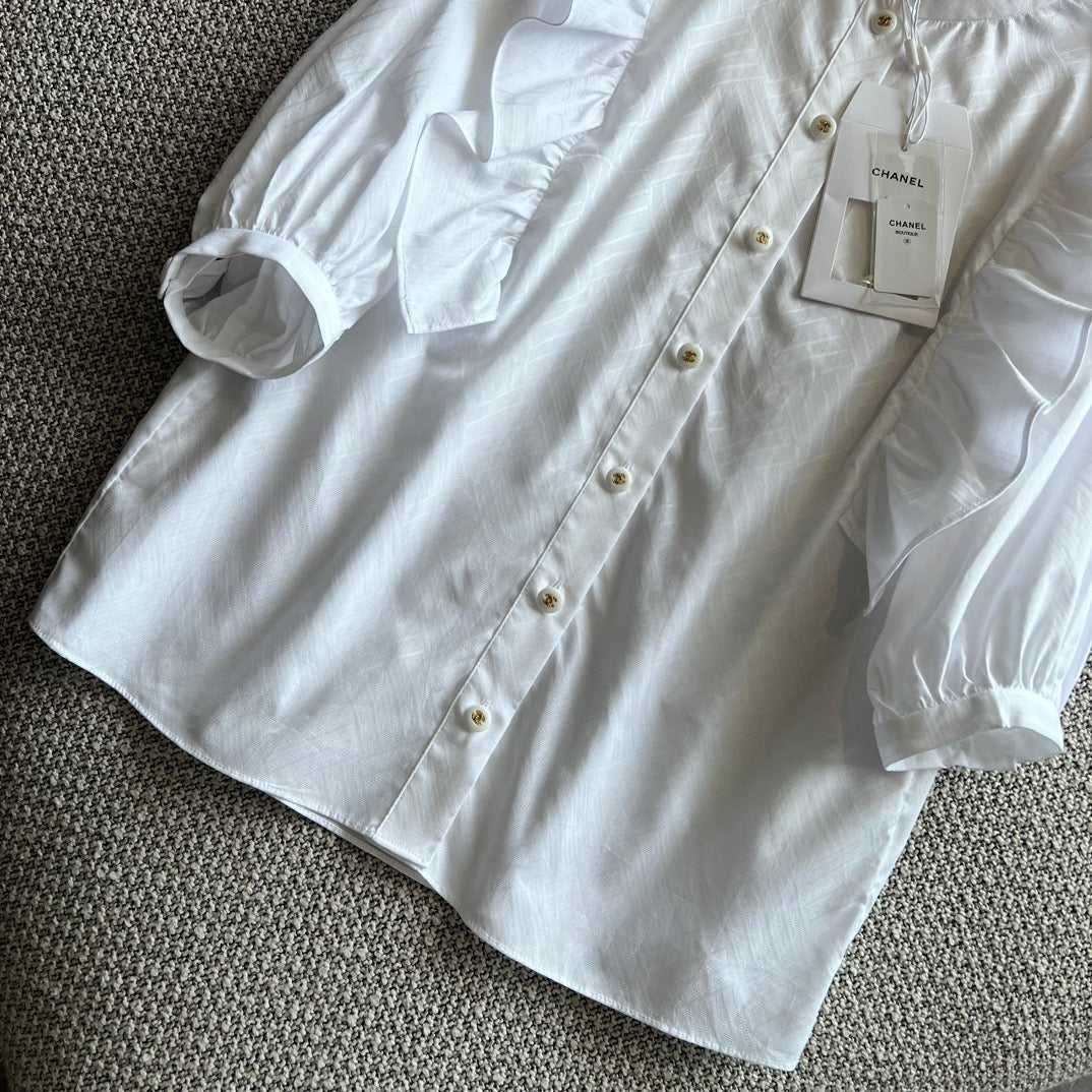 Белая рубашка Chanel 2403 с рукавами-фонариками и оборками - 1 шт.