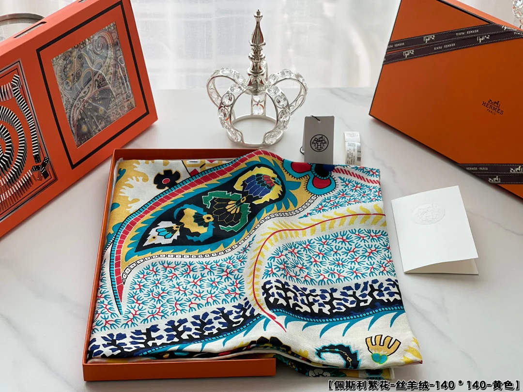 Шелковый кашемировый платок Hermes с цветочным узором ?пейсли? - 140 г - 1 шт.