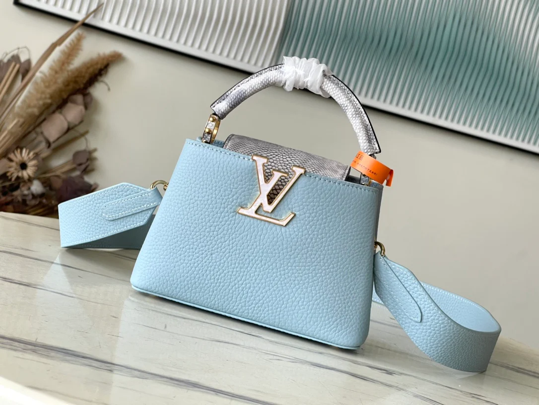 m21166-LV-Taurilon Leather-Capucines Сумка-Змеиный Синий-Мини