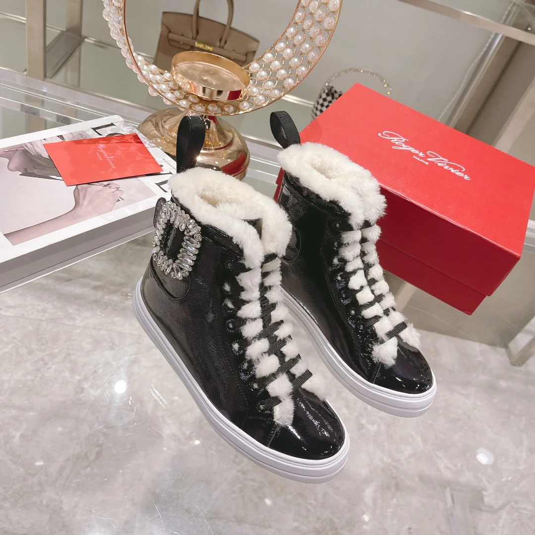 RV-Diamond Buckle Patent Leather Fur Lined High-top Shoes-White Fur Lining