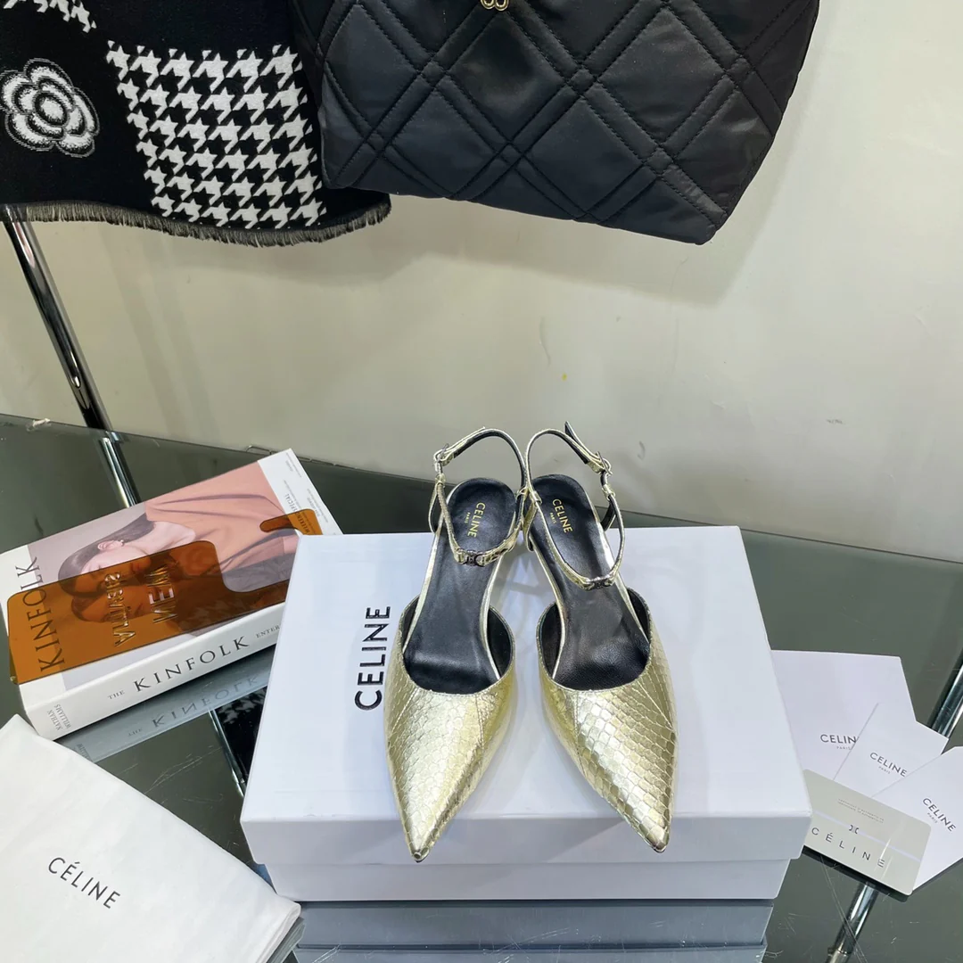 Новинка сезона весна/лето 2023 от Celine — сандалии на низком каблуке с острым носком.