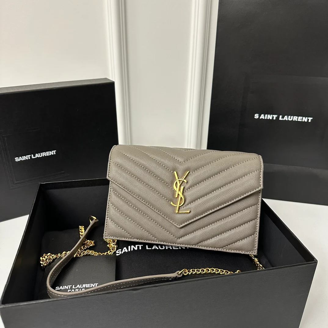 YSL Monogram Caviar - WOC - Серый с золотой пряжкой - 22 см