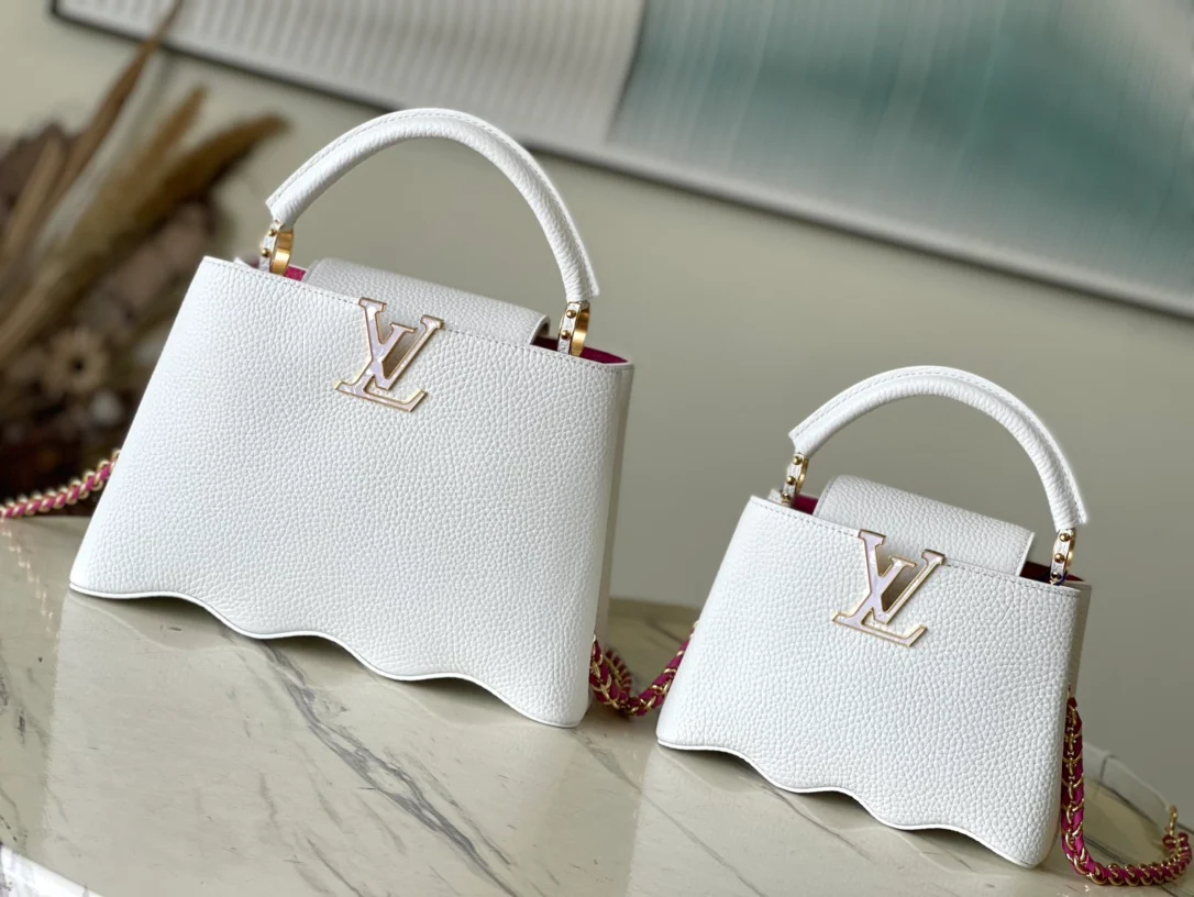 m22121-LV-Taurilon Leather-Capucines Handbag-White Wavy Bottom-Mini