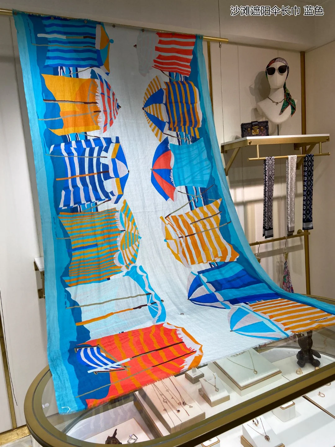 Длинный пляжный шарф-зонт Hermes - 110-200 см - 100% кашемир - синий