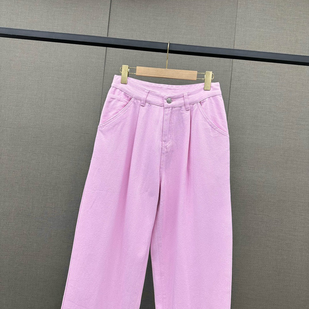 Джинсы Chanel 2403 Весна/Лето с логотипом, высокой талией и широкими штанинами - Розовые