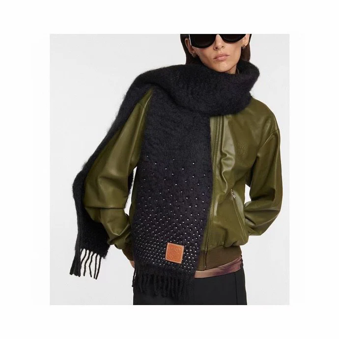 Lolwei - Длинный шарф с кожаной этикеткой и стразами - 180 см - 30 см - 90 см - Шерсть - 10 см - Кашемир