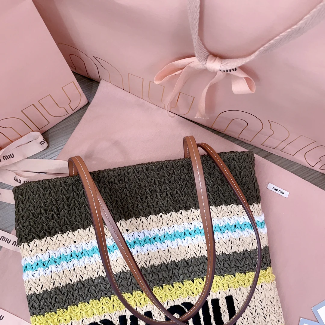 Miu Miu-5bg248 - Вязаная сумка-шоппер из рафии и хлопковой пряжи, маленькая