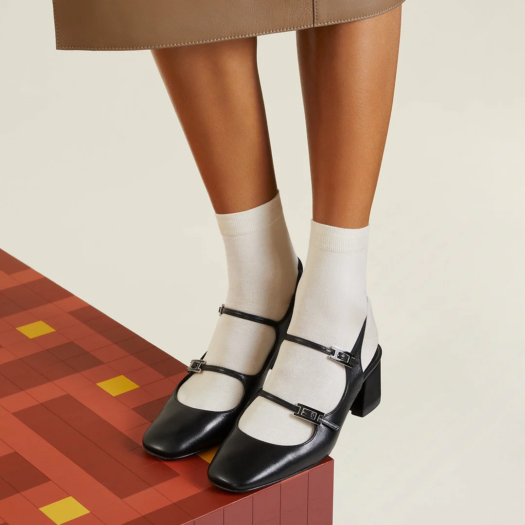 Балетные туфли на высоком каблуке Hermes 2024 - черные