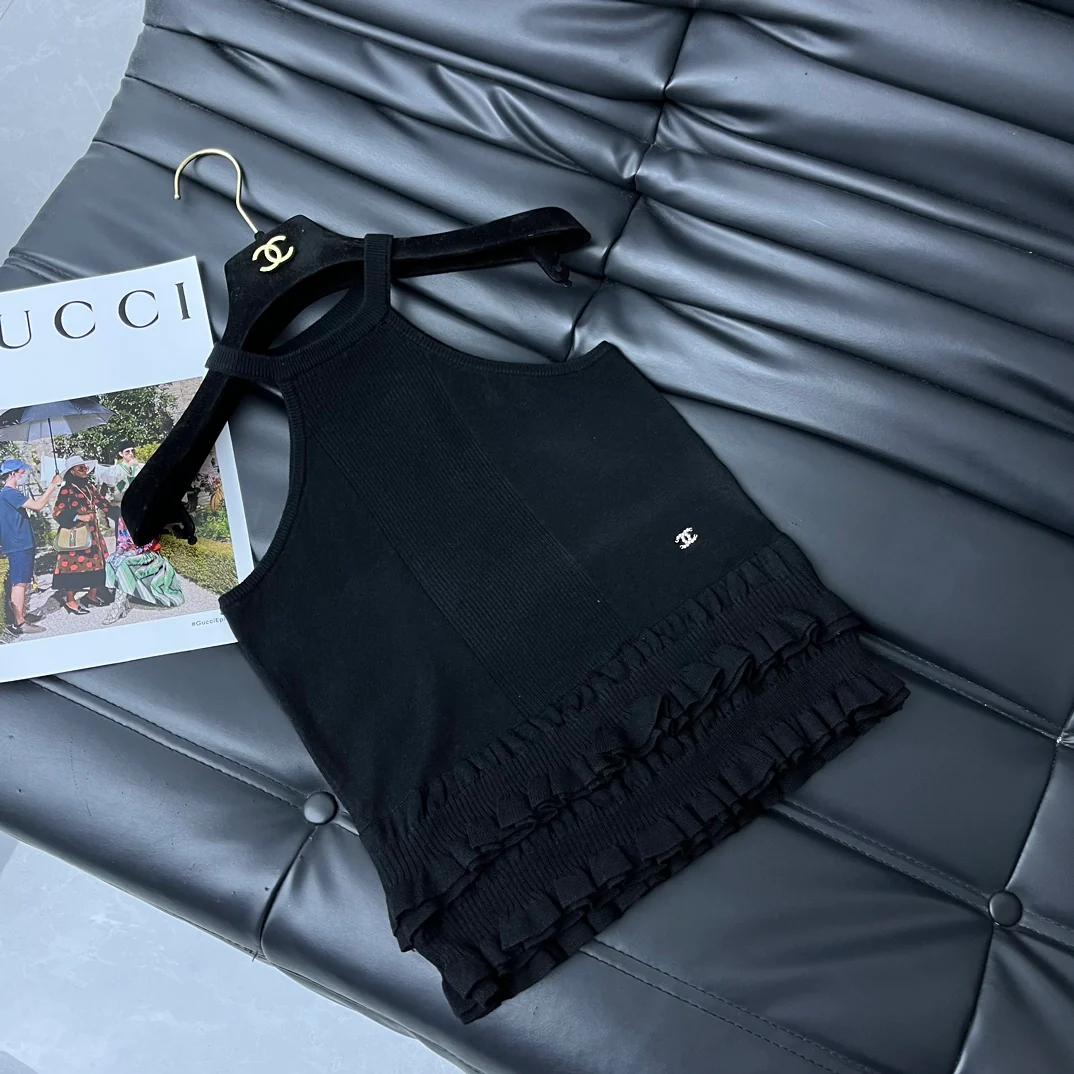 Chanel - Новинка 2403-24 Вязаный жилет с кружевом - Черный