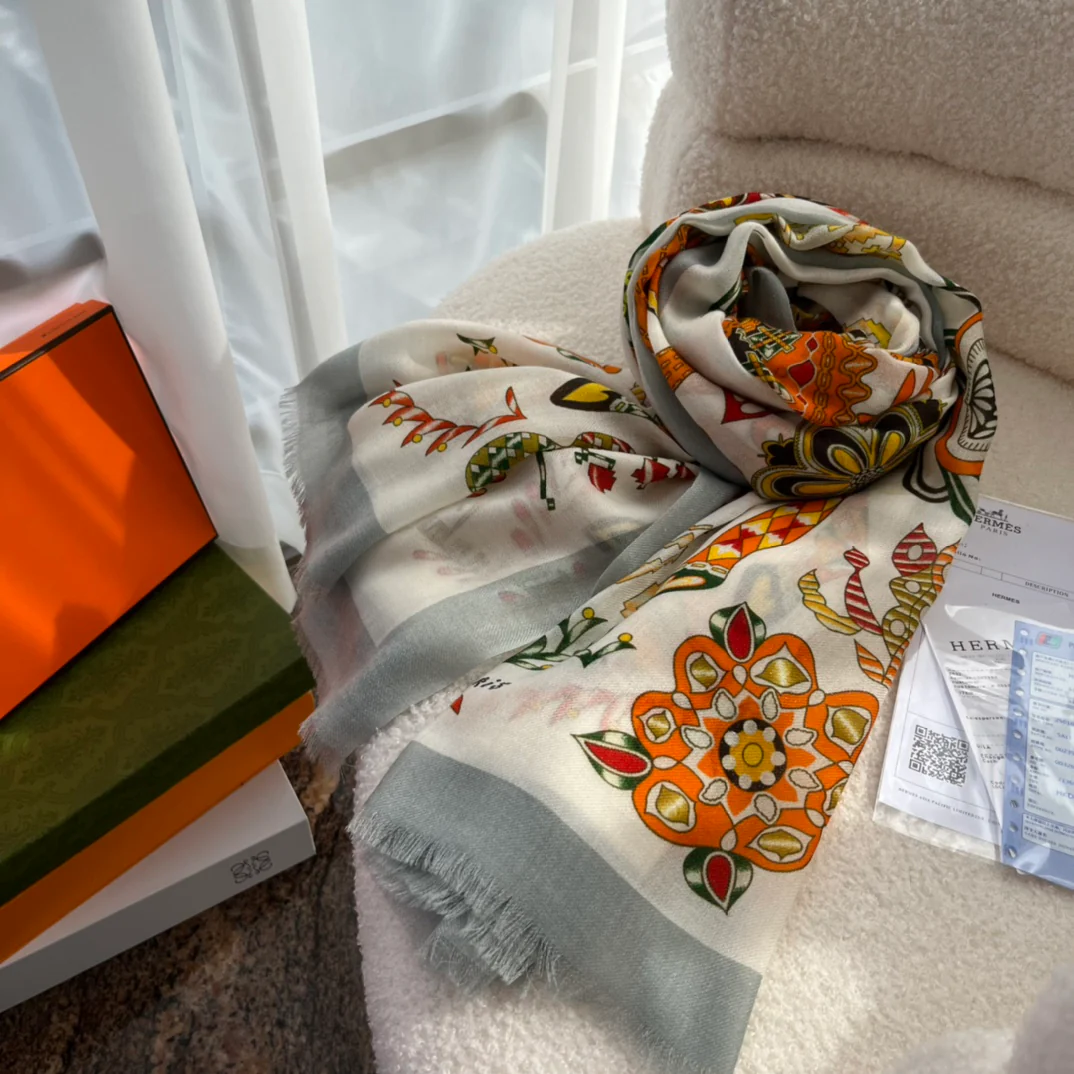 Кашемировый шарф Hermes с принтом - 105 см - 200 см - 100 см - Высококачественный чистый кашемир