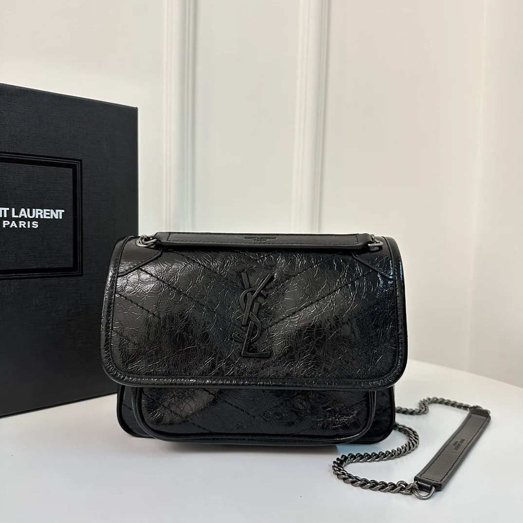YSL-niki-baby-22cm-leather-black antique silver chain