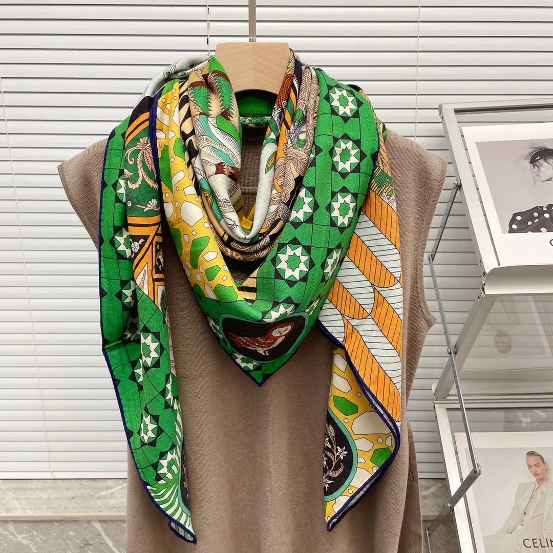 Большой двусторонний шарф Hermes - 140 см - 30 - Шелк 70 - Шерсть - 2