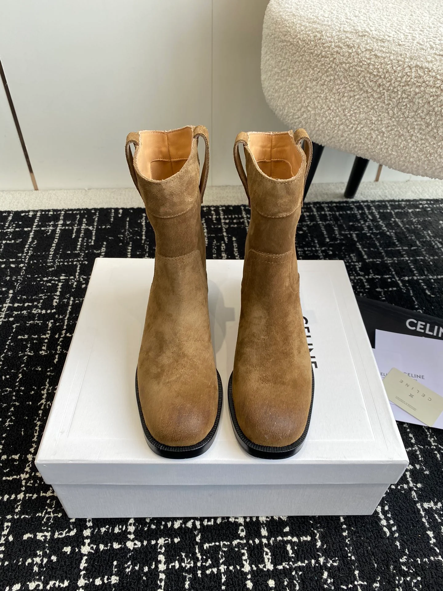 Ботильоны Celine 2024 в стиле ретро на массивном каблуке - кофейно-коричневый